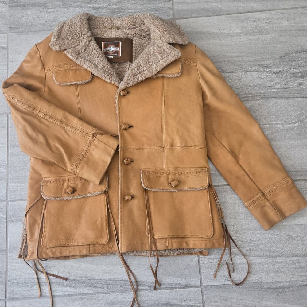 Vtg 1970s Pioneer Wear Western Rancher Leather Faux Sherpa Lined Coat Sz 46 / XL